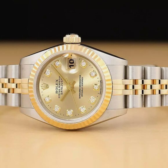 ROLEX LADIES 2-TONE DATEJUST 18K GOLD STEEL FACTORY DIAMOND DIAL WATCH main image 5